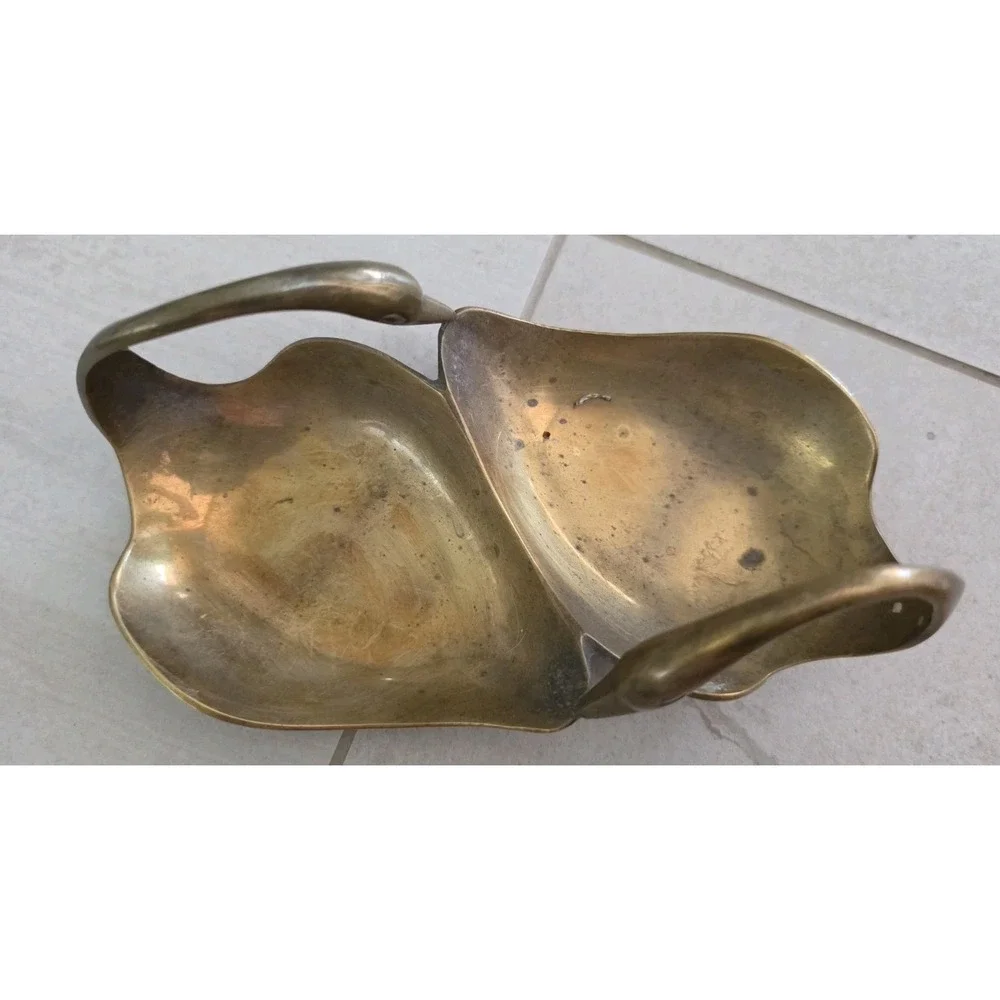 VTG Solid Brass Double Swan Dish GATCO India Trinket Candy Bowl Cottagecore SZ M